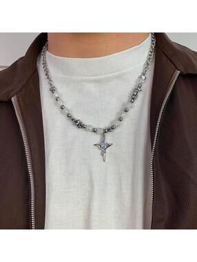 Stainless steel 2000s y2k grunge punk opium silver and beaded cross pendant